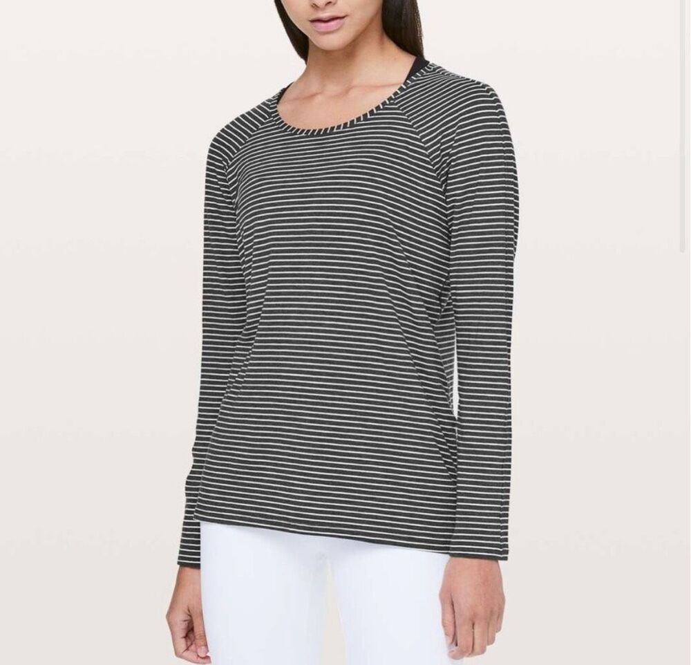 Lululemon Pima Cotton Long Sleeve Modern Stripe Heathered Black White T-shirt Si